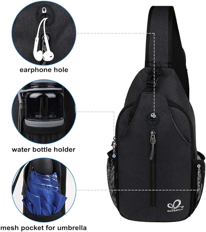WATERFLY Crossbody Sling Backpack Sling Bag Travel Hiking Chest Bag Daypack