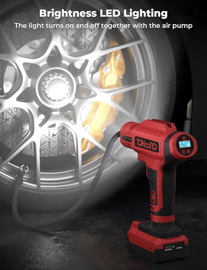 YOHOOLYO Tire Inflator Portable Air Compressor for Car 20V Cordless Tire Pump Rechargeable Battery Powered 12V DC Car Adapter Auto Stop Digital Pressure Gauge Motorcycle Bike 150PSI Red