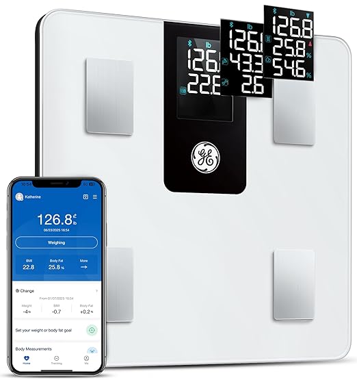 GE Smart Scale for Body Weight BMI Fat Muscle Mass with All-in-one LCD Display, Digital Bathroom Weight Scale Bluetooth Body Composition Monitor with App, Accurate Weighing 400lb White