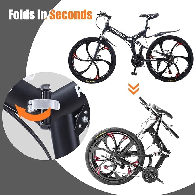 26 ich Folding Mountain Bike, 21 Speed High Carbon Steel Mountain Bike for Adults with 26 Inches Durable Tires, Front Suspension Folding Bicycle for Women and Man