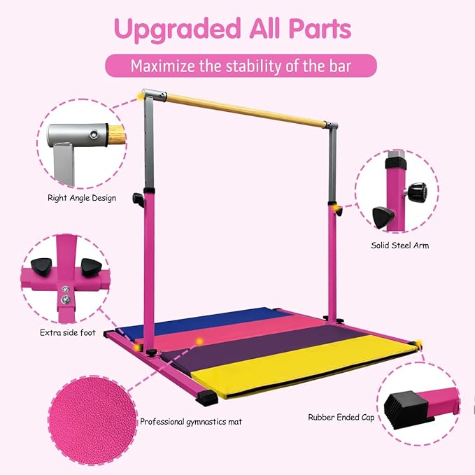XDEMODA The Latest Model Gymnastics Bar for Kids Ages 3-15 for Home, Anti-Slip, Easy to Assemble, 35” to 55” Adjustable Height Gymnastic Horizontal Bars Equipment
