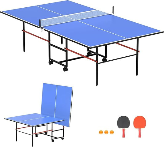 Portable Ping Pong Table, Mid-Size Foldable Table Tennis Table w/Net, 2 Paddles, 3 Balls, Table Tennis Table for Indoor Outdoor, Ping Pong Tablefor Kids Family Holiday Sports