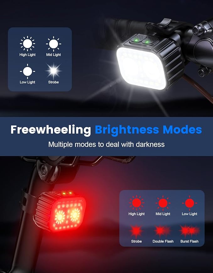 Bike Lights for Night Riding, Ultra Bright Rechargeable Bike Lights Front and Back, IPX6 Waterproof Bicycle Light Headlight and Tail Light Set, 8/12 Modes, 58Hrs Runtime, Easy to Install