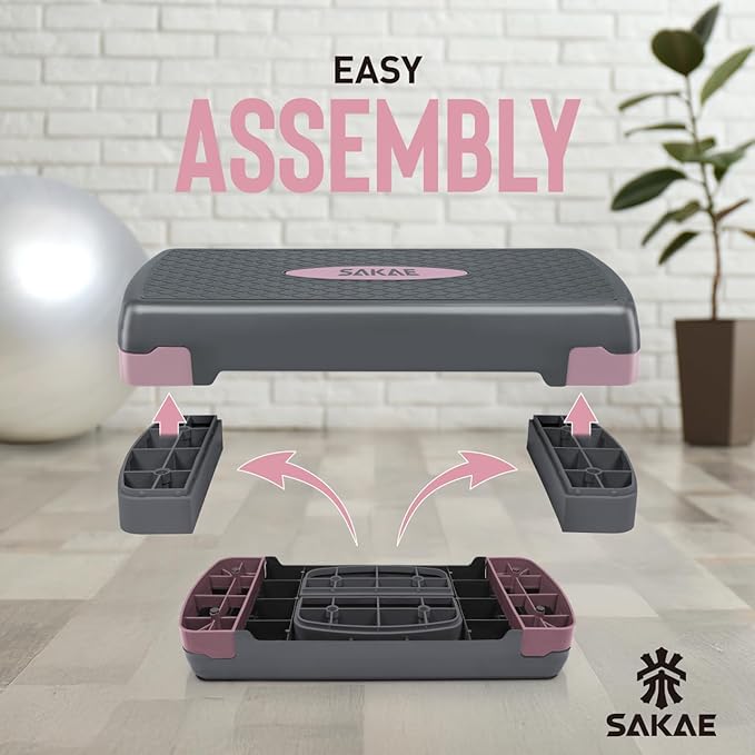 SAKAE Adjustable Aerobic Stepper Kit with Dumbbells & Kettlebell & Weightlifting Belt & Measuring Tape, 2 Level Risers Exercise Step Platform for Home Gym Exercise Fitness Workout, Multiple Colors