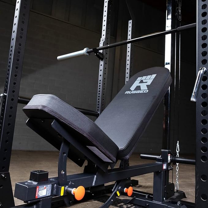 Rugged Strength & Fitness MAX Extended Power Rack Package with LAT, Bench, 500 lb. OLY Set, Floor Mats