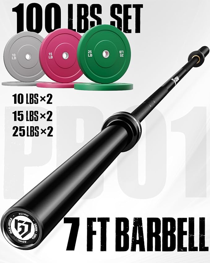 PB01 7FT Olympic Barbell, Weight Bar with Knurled Grip, 1000lb Capacity Strength Training Deadlift Bar for Squat, Weightlifting, Bench Press, Fits 2-inch Standard Weight Plates