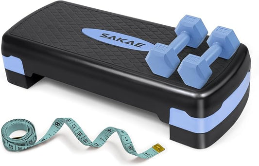 Adjustable Height Aerobic Stepper Set, Multiple Bundle Options with Dumbbells, Kettlebell, Waist Trimmer, Ankle Weights or Weighted Vest, Workout Exercise Step Platform w/Level Risers, 4 Colors