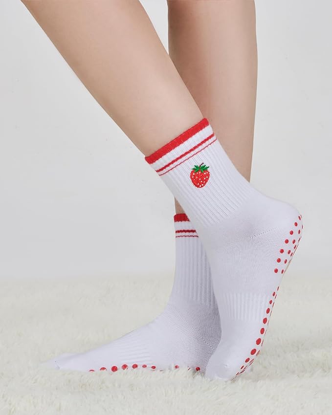 EUDOLAH Cute Yoga Socks for Women Pilates Barre Breathable Non-Slip Crew Grip Sock With Stripes Anti-friction Athletic Socks