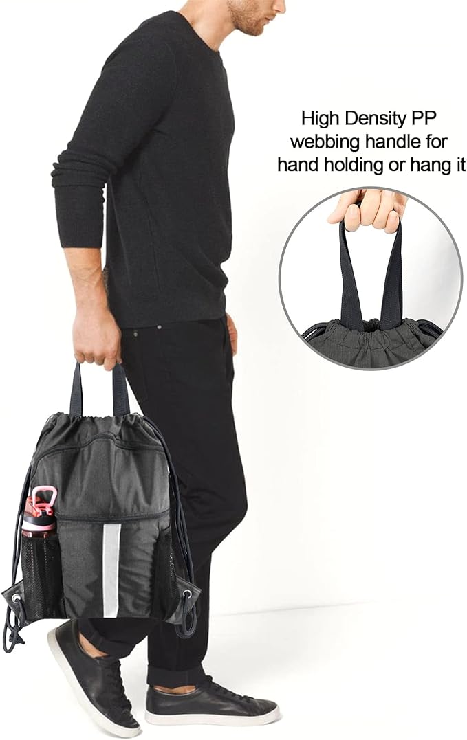 BeeGreen Drawstring Backpack Bag with Shoe Compartment, X-Large Black Gym Sports String Cinch Backpack