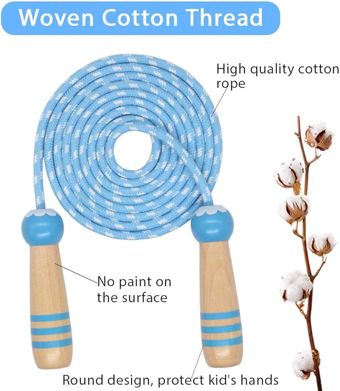 Jump Rope Kids, 7ft Adjustable Cotton Skipping Rope with Wooden Handle for Boys and Girls Fitness Outdoor Exercise