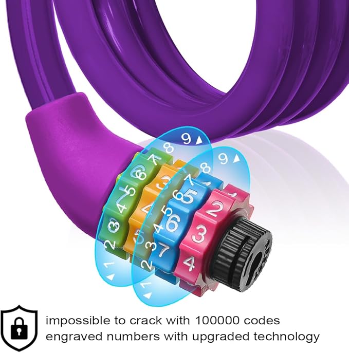 Bike Lock, 25 inch Bike Lock Cable, Portable Anti Theft 4 Digits Codes Cable Locks, Resettable Combinations Coiling Bicycle Lock for Bike, Motorbike, Scooter, Skateboard, Gate, Fence (Purple)