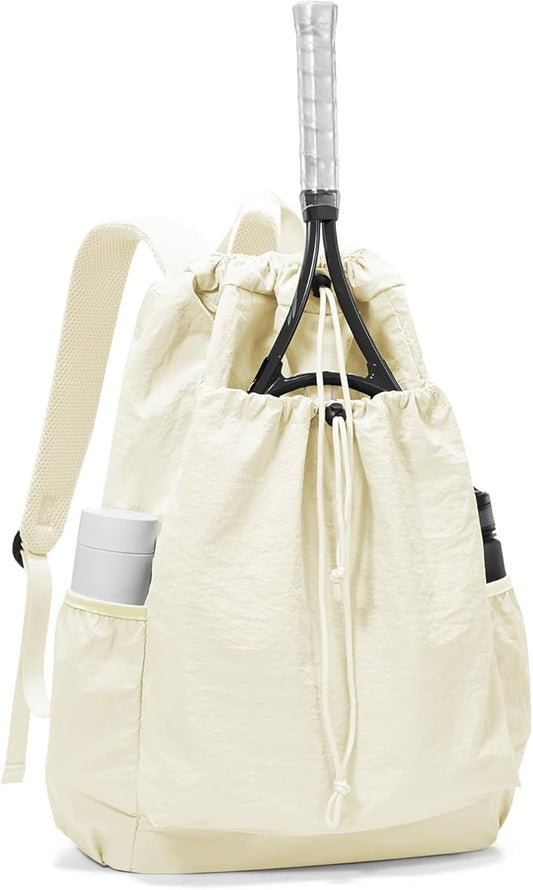 Tennis Racket Bag for Women, Waterproof Tennis Badminton Backpack 2 Racquets, Drawstring Racket Case for Ball Paddles