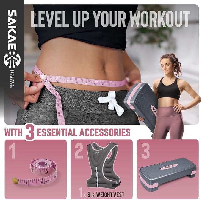 SAKAE Aerobics Step Platform Set with Weighted Vest & Measuring Tape, Adjustable Height 2 Level Risers Workout Step Trainer with Non-Slip Surface, Step Platform for Home Exercise, Multiple Colors