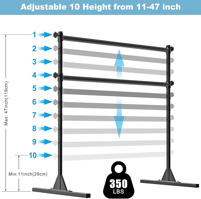 4FT/5FT/6FT Freestanding Ballet Barre 10 Height Adjustable from 11 to 47 inch Ballet Bar 350 lbs Capacity Portable Double Dance Bar for Home Workout and Stretch