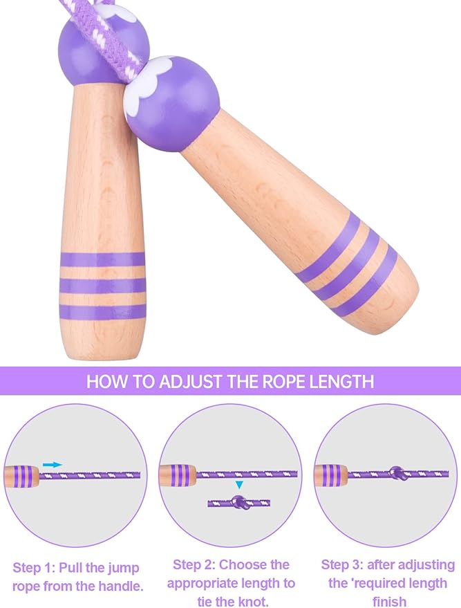 Lorvain Jump Rope for Kids, Adjustable Kids Jump Ropes for Girls Boys Toddler Fitness, Cotton Skipping Rope with Wooden Handle for Outdoor Fun Activities Exercise