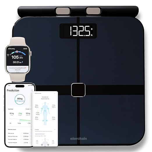 ExerScale AI Smart Scale with Body Weight Prediction, BMI, Body Fat, Muscle Mass, Workout, Food Tracking, Bluetooth Digital Scale with 8 Electrodes, High Accuracy Health Analyzer by EXERCHAIN - Black