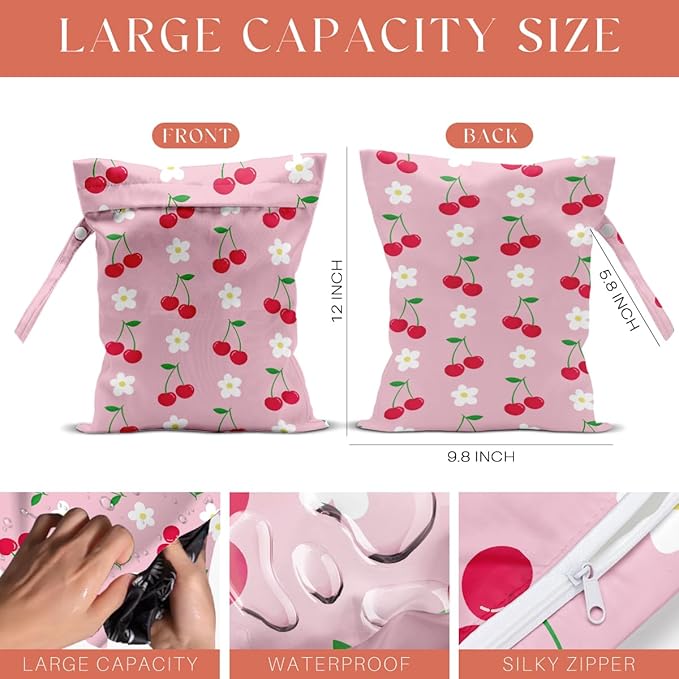 4 Pack Cute Flower Bow Cherry Wet Bag Waterproof Washable Reusable Wet Dry Bag for Swimsuit Bathing Clothes Soiled Items Cloth Diaper Travel BeachYoga Gym Toiletries Travel Beach Essentials