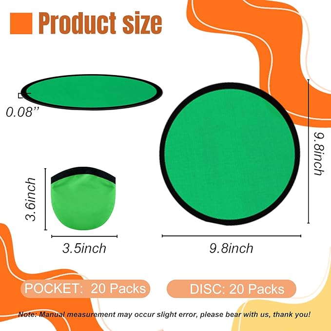 20PCS Foldable Flying Disc Fans with Bags, 9.8'' DIY Handheld Black Egde Fabric Folding Fan for Outdoor Game Activities Birthday Party Favors Gifts, Green