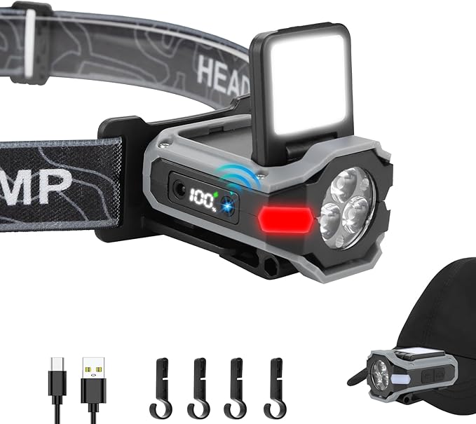 Rechargeable Headlamp, Motion Sensor 500 Lumen Head Lamps, 3 LED Rechargeable with Clip Hand Free, Adjustable Head Light for Camping, Night Walking, Running, Hiking and Outdoor