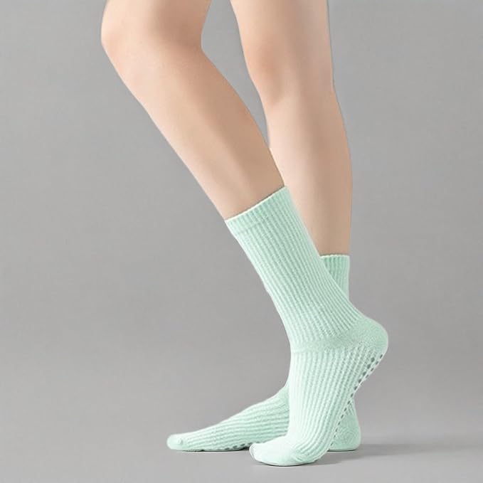 Yoga Pilates Socks with Grips for Women Non Slip Solid Colored Cushioned Crew Compression Socks for Barre Ballet Dance
