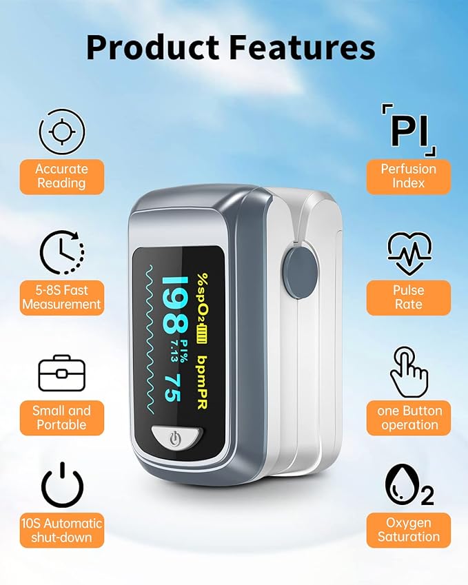 Fingertip Pulse Oximeter Blood Oxygen Saturation Monitor Pulse Ox, Heart Rate and Fast Spo2 Reading Oxygen Meter with OLED Screen Included Lanyard and 2 X AAA Batteries