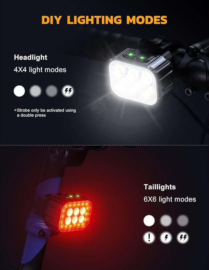Bike Lights Set Ultra Bright, Bicycle Light Rechargeable with 6 Spot & Flood Beams, IP65 Waterproof Bike Lights for Night Riding, DIY 4X4 + 6X6 Modes Bicycle Headlight and Tail Light Reflectors