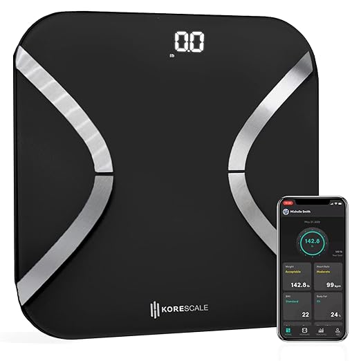 Korescale Gen2 Digital Smart Scale with BMI, Body Fat, Muscle Mass, Weight | Highly Accurate Bathroom Scales, Bluetooth Composition Analyzer | Compatible with KoreHealth, Apple Health App (Black)