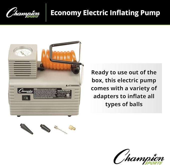 Champion Sports Electric Ball Inflator with Needle - Quiet Air Compressor for Basketball, Soccer, Volleyball & Sports Balls, High PSI Rating, Fast Inflation, 110-120V AC Power for Gym & School Use