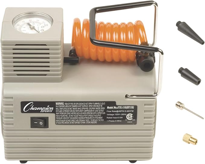 Champion Sports Electric Ball Inflator with Needle - Quiet Air Compressor for Basketball, Soccer, Volleyball & Sports Balls, High PSI Rating, Fast Inflation, 110-120V AC Power for Gym & School Use