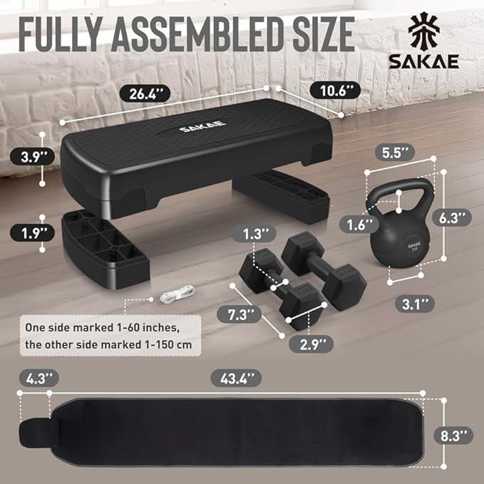 SAKAE Adjustable Aerobic Stepper Kit with Dumbbells & Kettlebell & Weightlifting Belt & Measuring Tape, 2 Level Risers Exercise Step Platform for Home Gym Exercise Fitness Workout, Multiple Colors