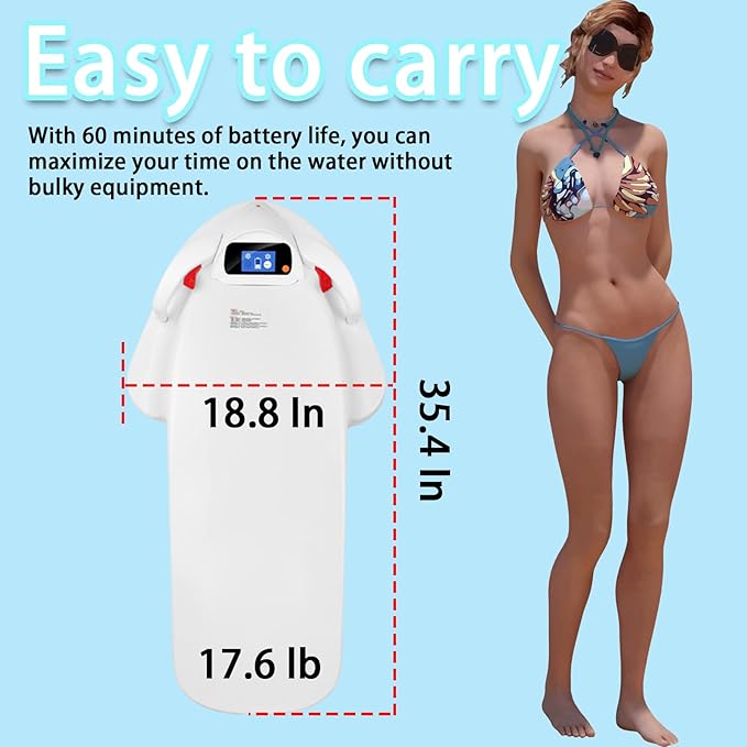 Electric Surfboard with LCD Display, Portable Motorized Wakeboard for Adults & Teens 15KM/H Max Speed, 60 Min Battery, Camera Mount, Lightweight ABS Sea Scooter