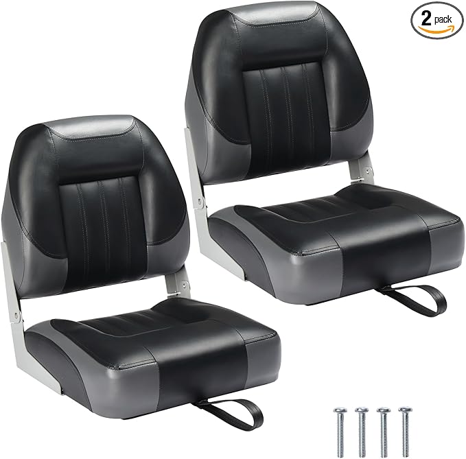 PEXMOR Boat Seats Low/High Back, Folding Boat Seat Included, Fold-Down Fishing Boat Seats Waterproof Captain Boat Seat w/Aluminum Hinges & Thick Soft Cushion, 2 Packs (Low Back-Grey & Black)
