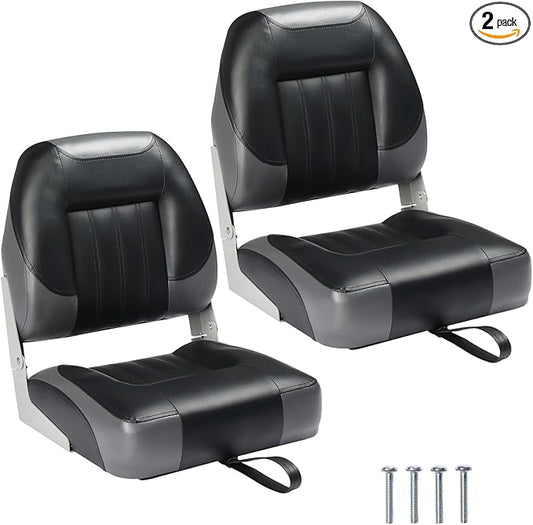 PEXMOR Boat Seats Low/High Back, Folding Boat Seat Included, Fold-Down Fishing Boat Seats Waterproof Captain Boat Seat w/Aluminum Hinges & Thick Soft Cushion, 2 Packs (Low Back-Grey & Black)
