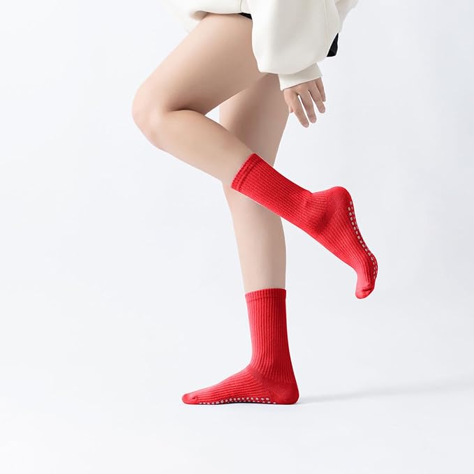 Yoga Pilates Socks with Grips for Women Non Slip Solid Colored Cushioned Crew Compression Socks for Barre Ballet Dance