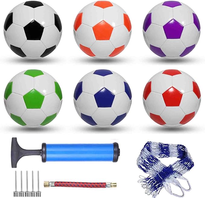 6 Pack Deflated Soccer Balls Set - Official Size 5/4/3 for Adults & Youth - Includes Air Pump - Multi-Color Outdoor Sports Balls for Training, Matches & Gifts