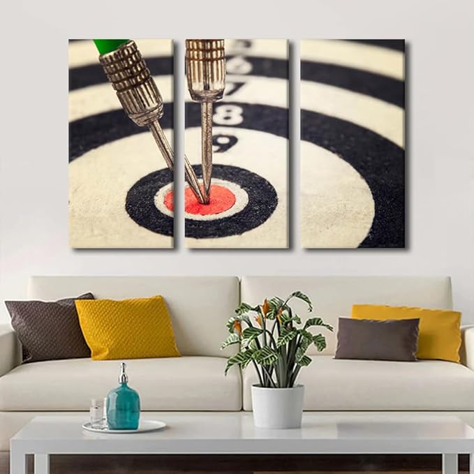 Canvas Wall Art 3 Panel Sports Theme Paintings Wall Art Dart Hits the Bullseye Pictures Dart Board Print on Canvas Wall Decor for Bar Club Bedroom Stretched and Framed Ready to Hang(40"Wx60"H)