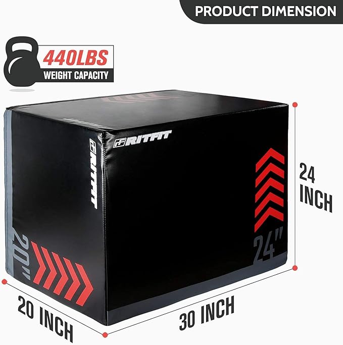 RitFit 3 in 1 Extra Firm Soft Plyo Box Foam Plyometric Box-30”x24”x20”-20"x18"x16" Heavy Duty High Density Foam Jumping Box 3 Sizes with PVC Cover,Platform for Home Gym Fitness, 440lb Weight Capacity
