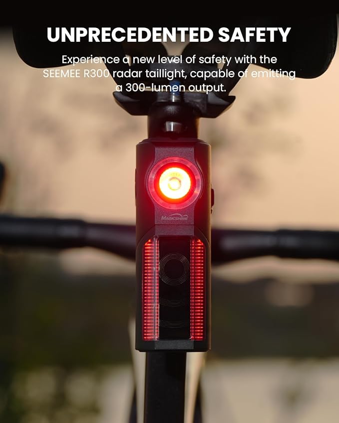MagicShine SEEMEE R300 Smart Radar Taillight,High-Power LED ANT+ Enabled Radar System 270° Wide Viewing Angle Lock Function Mode Memory Function IPX6 Waterproof Rear Light
