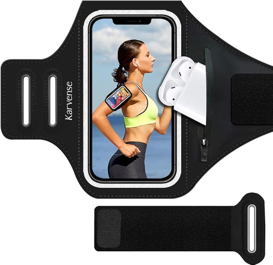 Phone Holder for Running, Karvense Phone Arm Bands for Running Exercise Workout Jogging, for iPhone SE/13 mini/12 mini/11 Pro/8/7/6s, Samsung Galaxy, up to 5.4'', Cell Phone Armband with Zipper Pocket