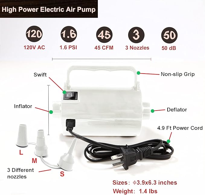 Electric Air Pump for Inflatable Pool Toys - High Power Quick-Fill Air Mattress Inflator Deflator Pump for Pool Float Raft Airbed with 3 Nozzles, 320W, 110V AC, 1.6PSI, Air Flow 26CFM