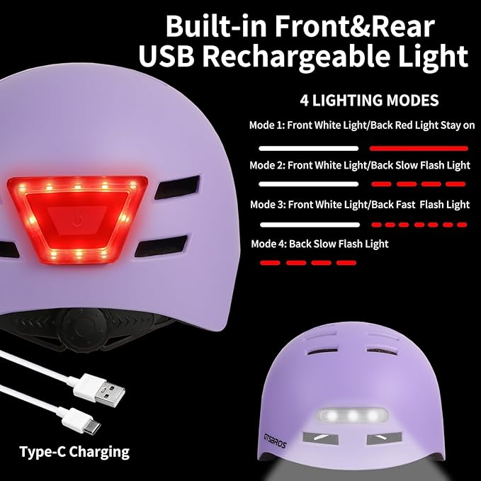 Bike Helmets for Adults - Front and Rear LED Lights Adjustable Bicycle Helmet for Adults Men Women Scooter Helmet for Commuting, Road Biking, Skating, Scooter
