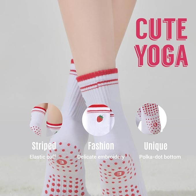 EUDOLAH Cute Yoga Socks for Women Pilates Barre Breathable Non-Slip Crew Grip Sock With Stripes Anti-friction Athletic Socks