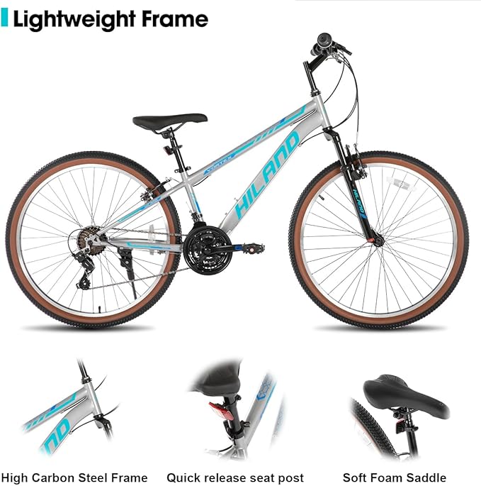 HILAND 26 Inch Mountain Bike for Mens and Womens, 21 Speeds Mountain Bicycle, High-Tensile Steel Frame, V Brake, Hardtail MTB for Adults