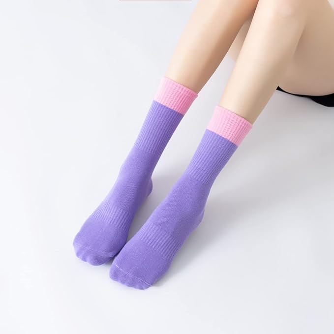 Yoga Pilates Socks with Grips for Women Non Slip Color Blocking Cushioned Crew Socks for Barre Ballet Dance