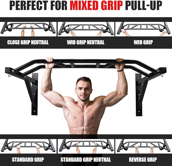 ptlsy Wall Mounted Pull Up Bar Multifunctional with Multi-Grip Chin Up Bar Heavy Duty Dip Station for Home Gym Indoor Workout, Fitness Equipment, Dip Stand Supports to 440 Lbs