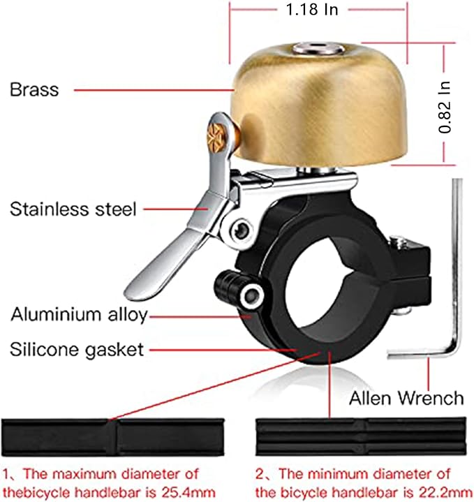 Greallthy Bike Bell Classic Brass Bicycle Bell,Bike Bells for Adults Kids,Loud Sound Bells Fit for 0.87-1.25in/22.2-31.8mm Bicycle Handlebars,Road Mountain Bike Accessories.