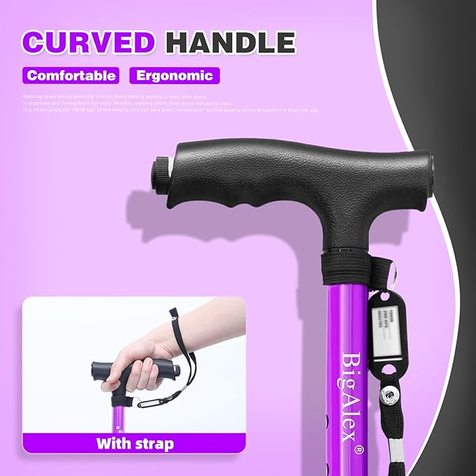 BigAlex Folding Walking Cane with LED Light,Pivoting Quad Base,Adjustable Walking Stick with Carrying Bag for Men/Women