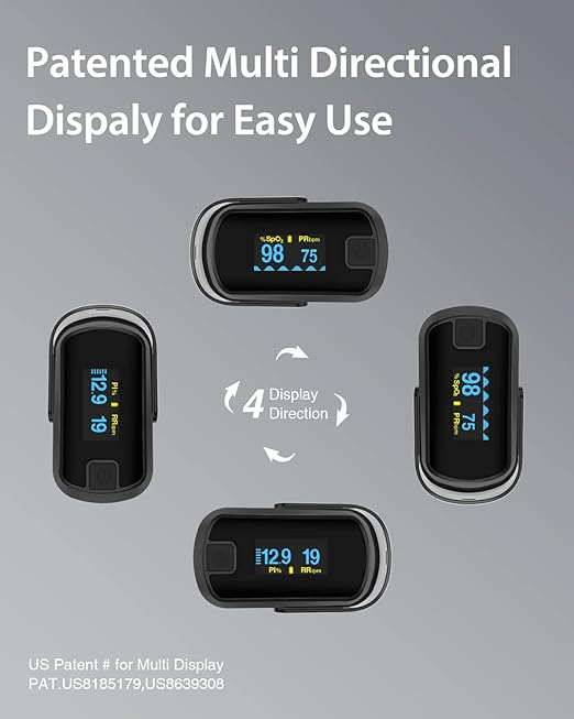 MIBEST Black OLED Finger Pulse Oximeter - Blood Oxygen Saturation Monitor - SPO2 Pulse Oximeter - Portable Oxygen Sensor with Included Batteries - O2 Saturation Monitor with Respiration Rate and PI