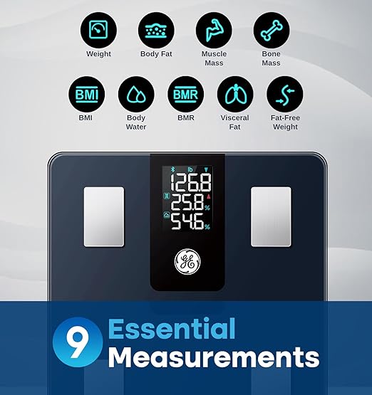 GE Smart Scale for Body Weight BMI Fat Muscle Mass with All-in-one LCD Display, Digital Bathroom Weight Scales Bluetooth Body Composition Analyzer with App, Accurate Weighing, 400 lbs / 180 kg