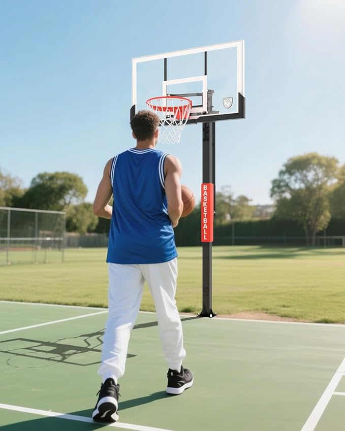 IGL In Ground Basketball Hoops, 54 Inch Tempered Glass Backboard Basketball Hoop Outdoor, 7.5-10 FT Height Adjustable Basketball Hoops & Goals System, Reinforced and Thickened Square Tube Iron Steel